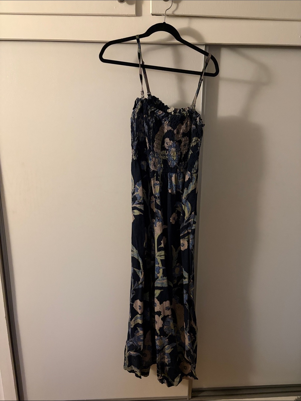 Navy Floral Smocked Jumpsuit with Spaghetti Straps